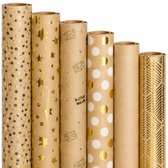 Cadeaupapier Set – Golden Kraft Collection (6 Stuks) – 200×70 cm – Kraft, Goud, Wit & Zwart – Stippen, Sterren, Cadeautjes, Effen & Geometrische Prints – Inpakpapier