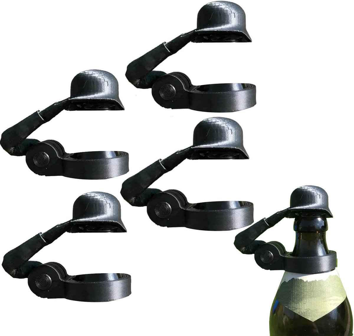Bierflesdoppen - 4 stuks - Grappige bierfleshelm met een saluerende soldaat - 3D-Geprint - Feestflesdoppen - Feestaccessoires - Grappige Flesopener & Decoratieve Flesdop - Voor Feestjes, BBQ - Cadeau voor militaire liefhebbers, mannen, vaders - Zwart