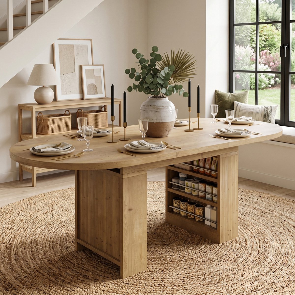 Sweiko Uitschuifbare Eettafel - 150/200 × 90 cm - Geschikt voor 6–8 personen - Met opbergruimte - Naturel