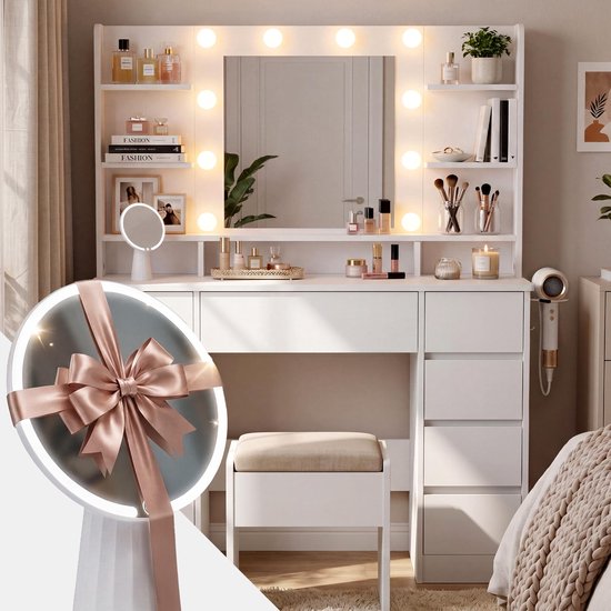 CLP Coiffeuse Pretty avec miroir Hollywood - Inclut un éclairage LED dimmable et un support de sèche-cheveux - 9 tiroirs - blanc