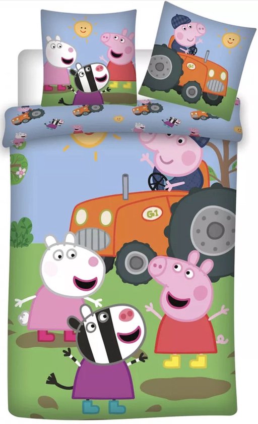 Housse de couette Peppa Pig avec Peppa et George sur un tracteur orange, avec Suzy Sheep et Zoe Zebra. Fond bleu avec des détails ensoleillés.
