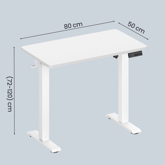Wit elektrisch verstelbaar bureau met afmetingen 80 x 50 cm en hoogte van 72-120 cm.
