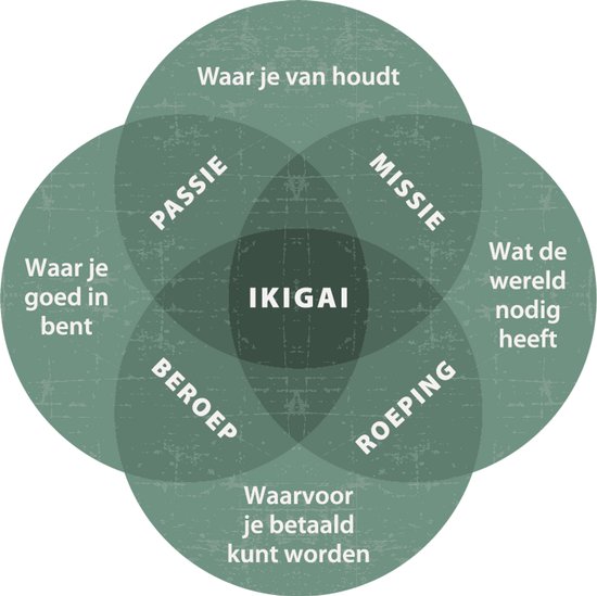 Venn-diagram met de Nederlandse tekst 'Waar je van houdt', 'Passie', 'Missie', 'Wat de wereld nodig heeft', 'Roeping', 'Waarvoor je betaald kunt worden', 'Beroep', en 'Waar je goed in bent'. In het midden staat 'Ikigai'.