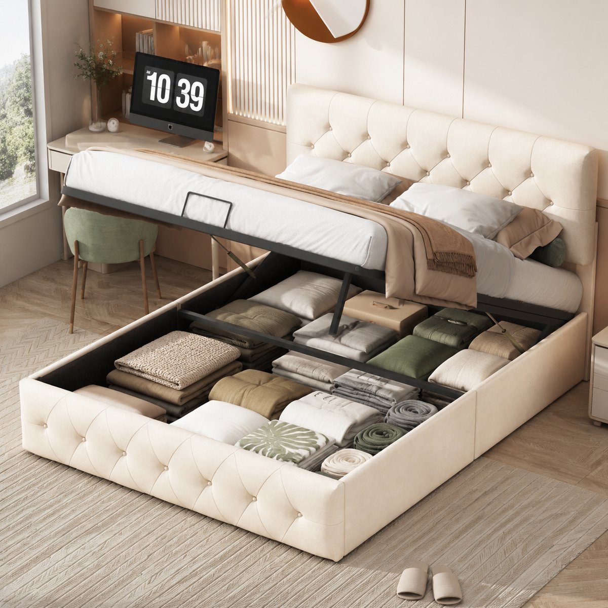 MEXUS Opbergbed 140x200 cm met lattenbodem, verstelbaar hoofdeinde, Tweepersoonsbed met opbergruimte, bed voor volwassenen en tieners, fluwelen Beige