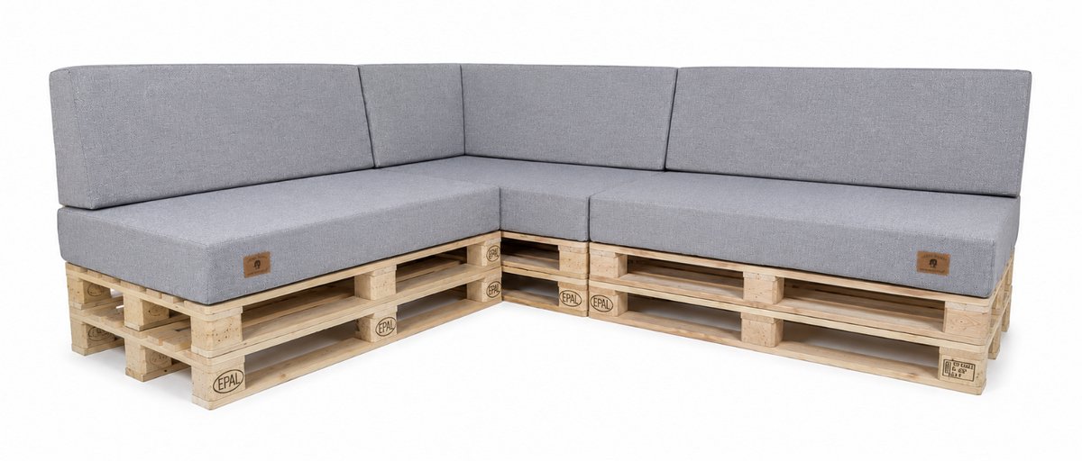 Palletkussenset Hoekbank 3-delig 120x80 cm + 40x120 cm – UV-bestendige Tuinkussens voor Palletbank met Hoekrugkussen – Linnenlook – Links – Grijs