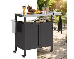 Buitenkeuken op Wielen – BBQ Trolley – Met Opbergkast & Planken – Werktafel voor Buiten – Staal &…
