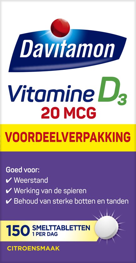 Davitamon Vitamine D3 20 mcg voordeelverpakking met 150 citroensmaak smelttabletten.