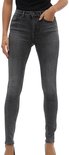 Model in strakke grijze jeans met hoge taille, met de hand in de zak.