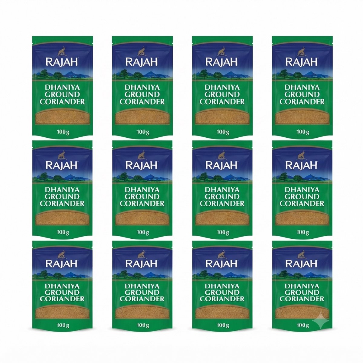 Rajah Gemalen Koriander (Dhaniya) – 12 x 100g – Hoogwaardig Korianderpoeder voor Curry’s, Marinades en Wereldgerechten – 1200g Totaal – Authentieke Indiase Specerijen Voordeelverpakking Met Kajal Sticker