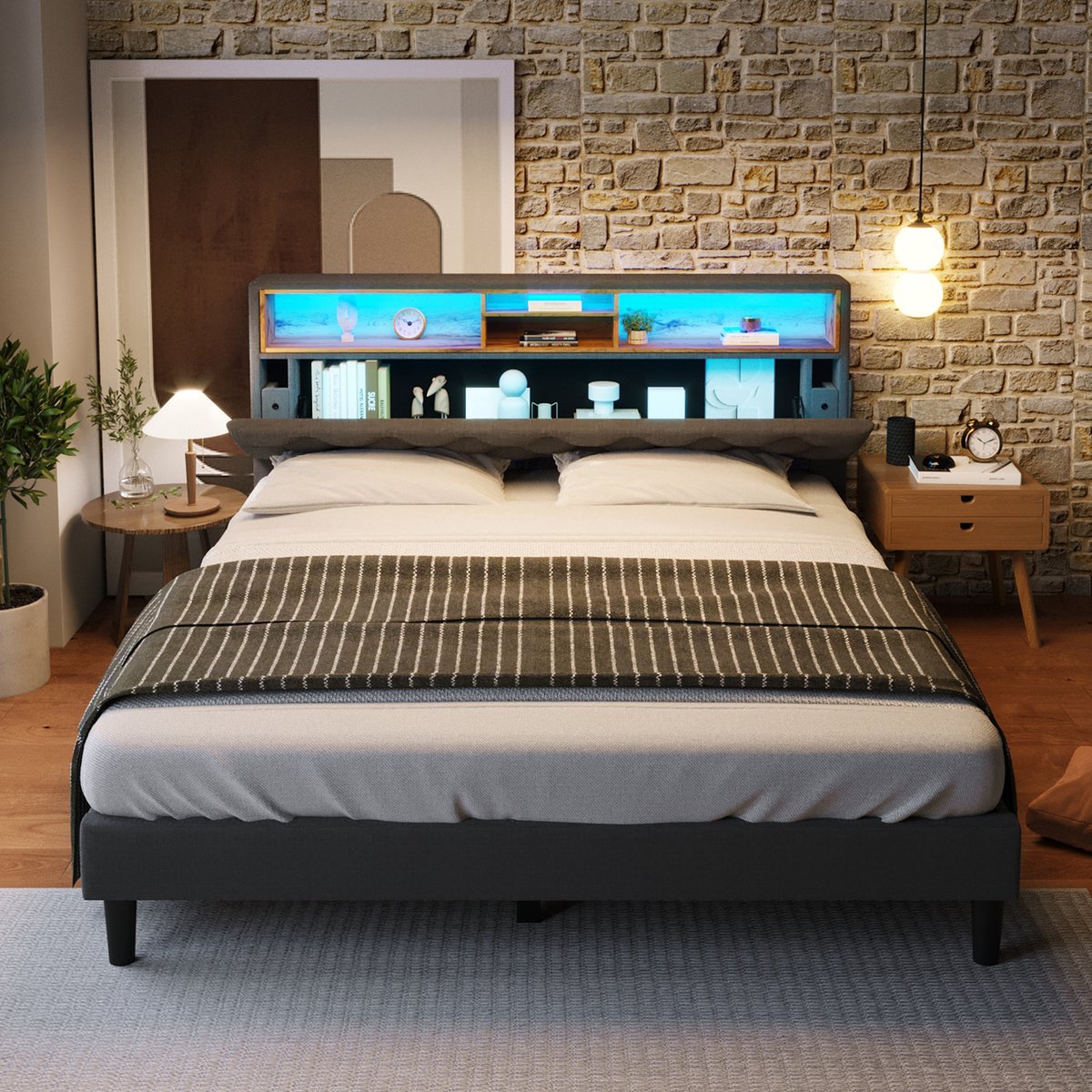 VVBV Bed met opbergruimte 140x200 / Gestoffeerd bed 140x200 / Tweepersoonsbed 140x200 – met LED-Verlichting, Lattenbodem – Hoofdbord – Massief Hout – Grijs Gray