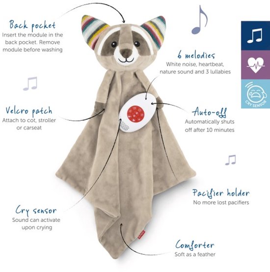 Zazu Robin de Wasbeer - Heartbeat & White Noise Knuffeldoekje - Beige - 35 cm van ZAZU. — afbeelding 2