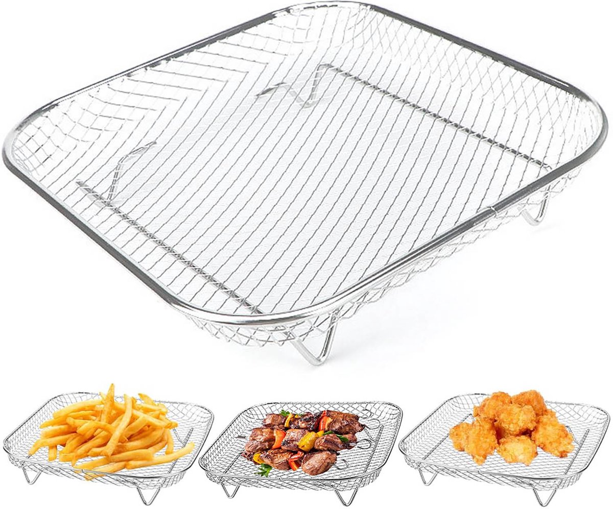 Airfryer Mandje - Airfryer Accessoires - 20,5 cm - RVS Airfryerrek - Vierkant Airfryer-grillrek - Airfryer bakvorm - Airfryer accessoires - Airfryermand voor modellen met een grote capaciteit van 5,5 liter of meer - Zilver