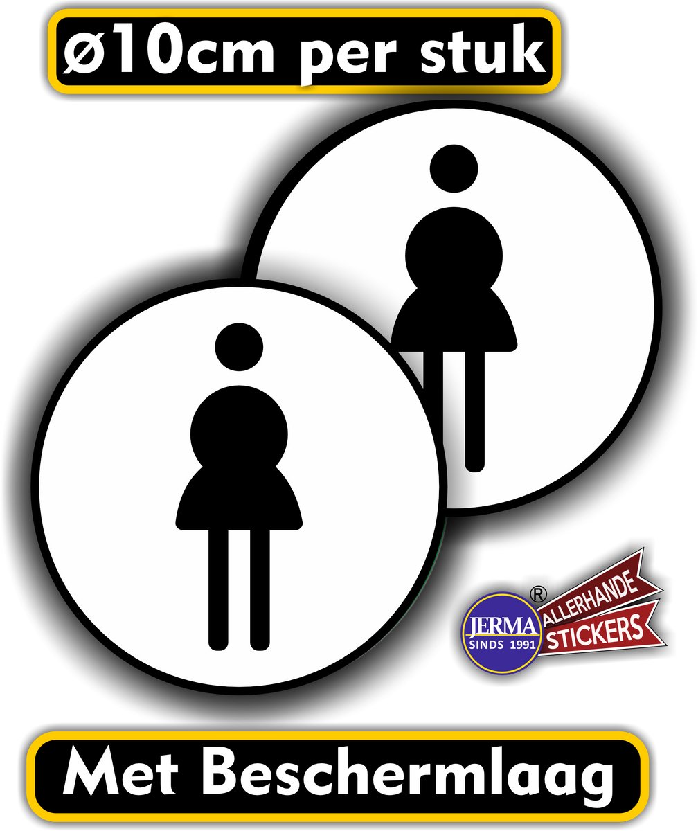 Jerma - Dames WC - Stickers - Set 2 st - zwart-wit - Ø 10 cm - Krasbestendig - Zelfklevend - Vinyl