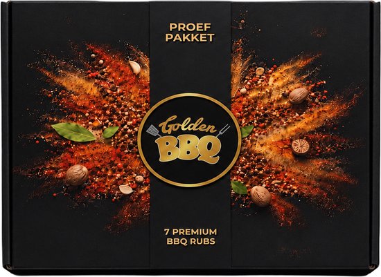 Zwarte geschenkdoos met gouden logo "Golden BBQ", "Proef Pakket" en "7 Premium BBQ Rubs". Verder kruidenmengsels met nootmuskaat en laurierblaadjes.