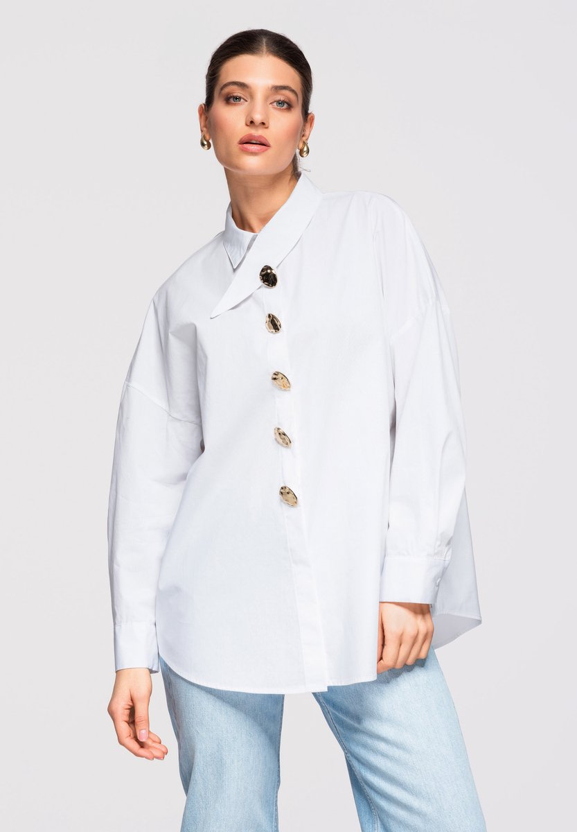 OMBRE Overhemd - Loose Fit - Katoen - Lange Mouw Wit S
