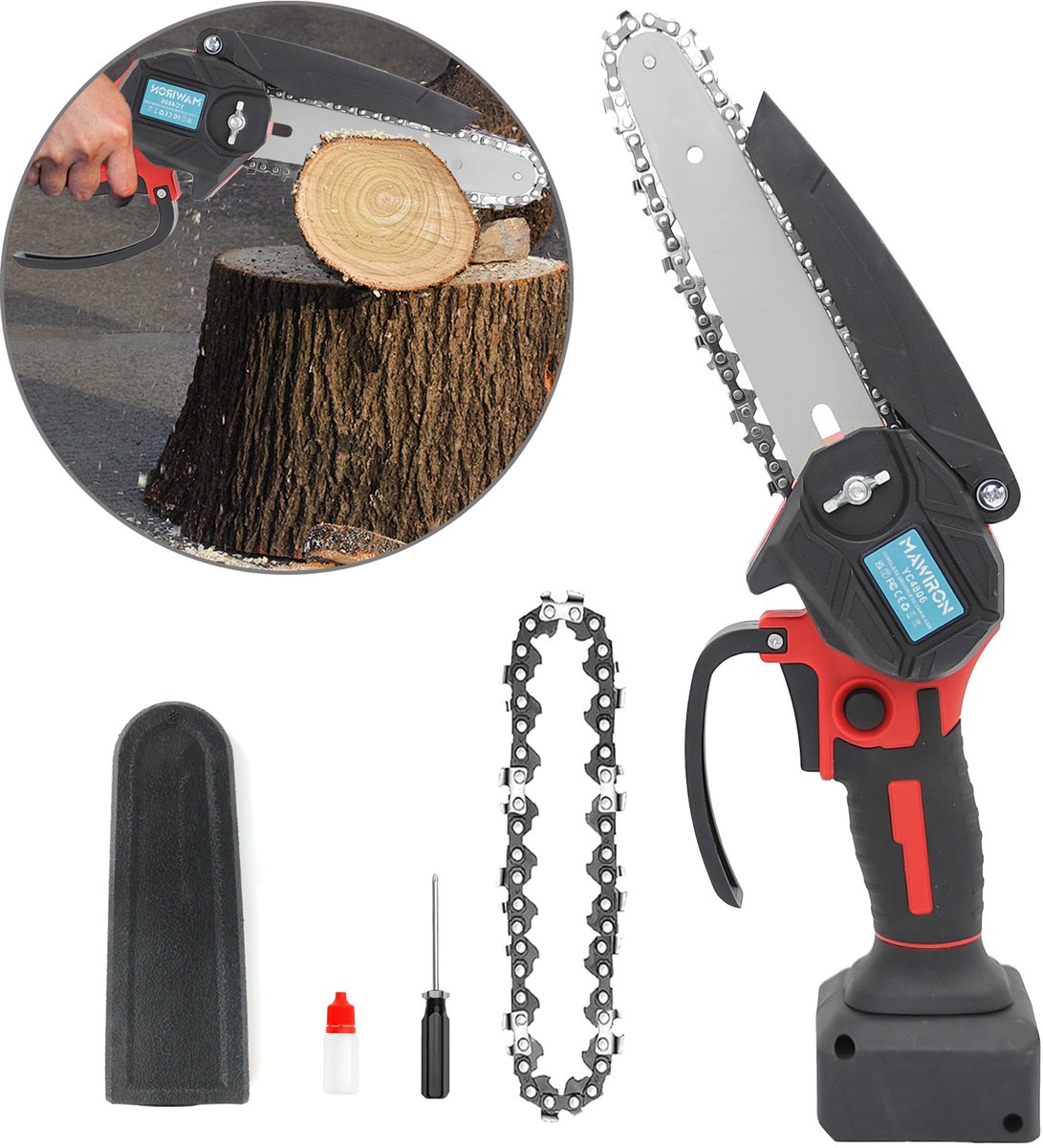 6 Inch Mini Accu Kettingzaag met Temperatuurbescherming, Geleidestaaf + 2 Zaagkettingen, Onderhoudsset Inbegrepen – ZONDER ACCU EN LADER, Accu Apart Aanschaffen