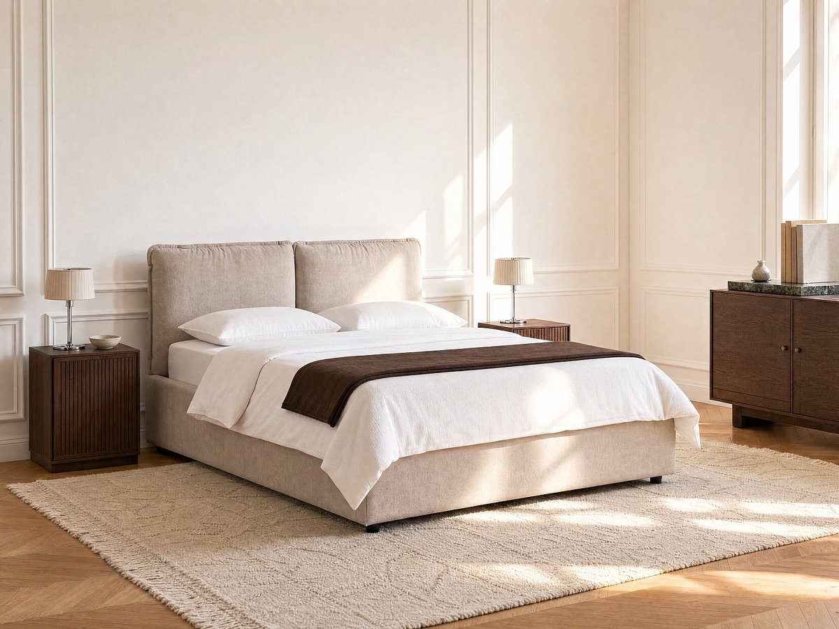 Vente-unique Bed met opbergruimte stof beige 180 x 200 cm (Super King Size Bed)