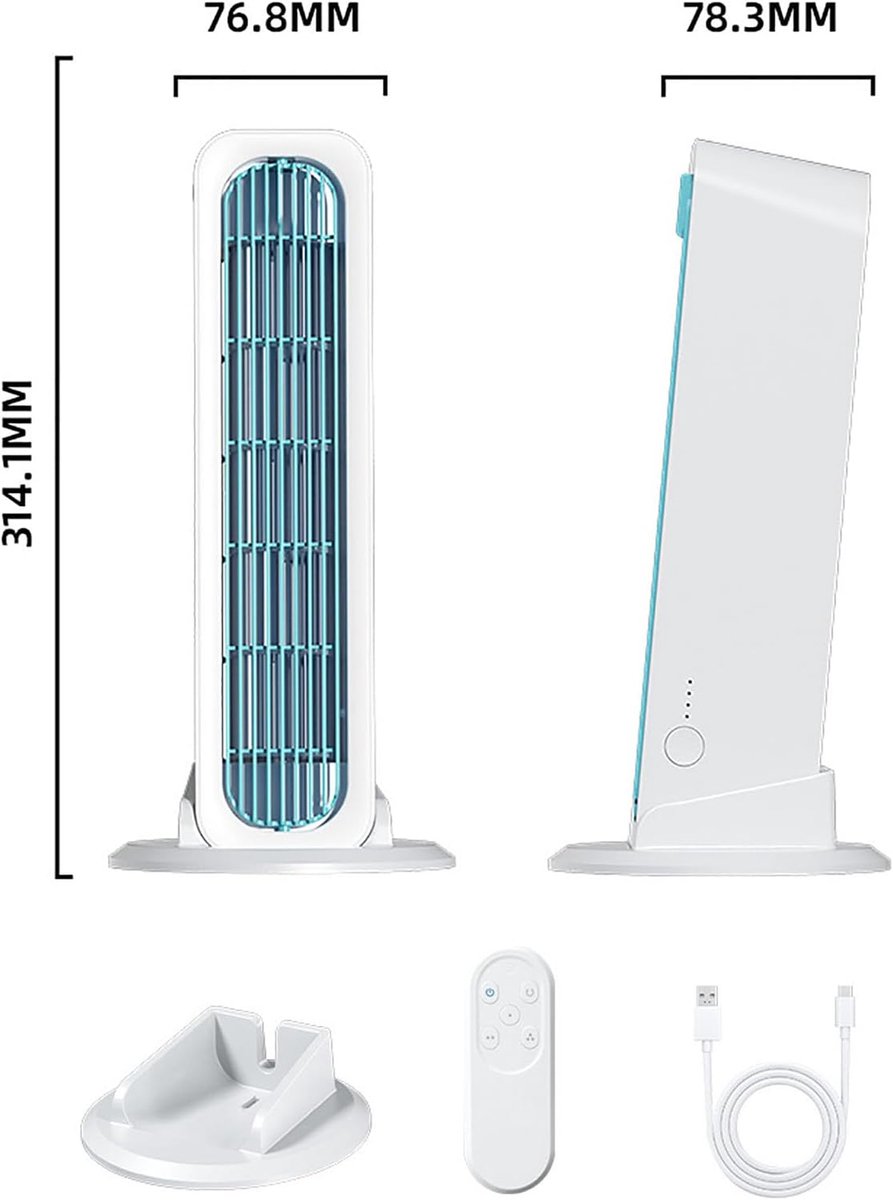 Bladloze Torenventilator - USB Torenventilator - 4000mAh - 3 snelheden - Stille Staande Ventilator - met losse voet en afstandsbediening - voor bureau, slaapkamer en camping - wit – foto 7