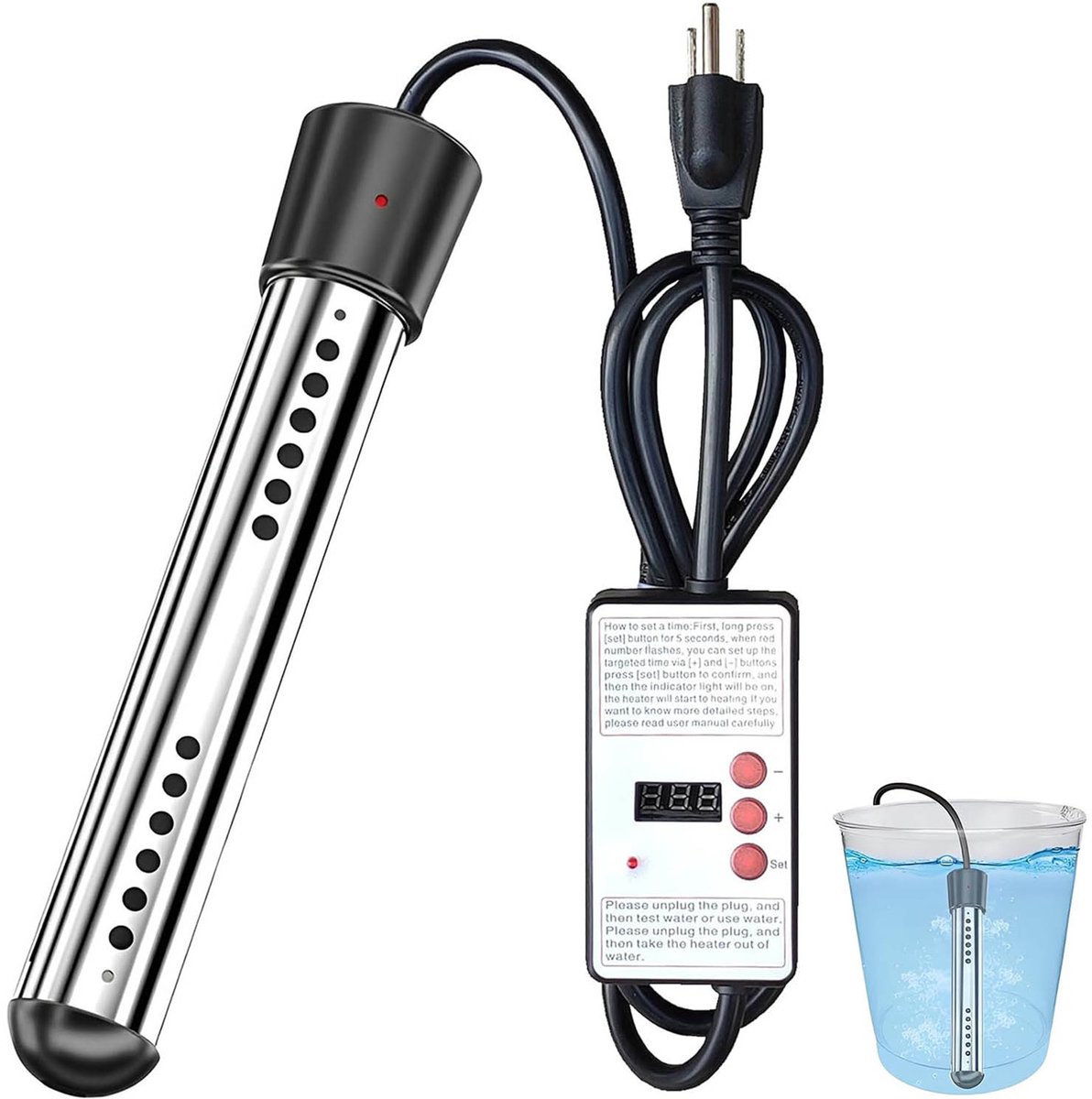 Elektrische Dompelverwarmer - 2000W - Dompelaar - Snelwaterverwarmer - Slimme timer - Waterverwarmer - Zwembadwaterverwarmer - Reisdompelaar - Draagbare - Veilig & Duurzaam - Voor Bad, Emmer & Voetenbad - Automatische veiligheidsuitschakeling