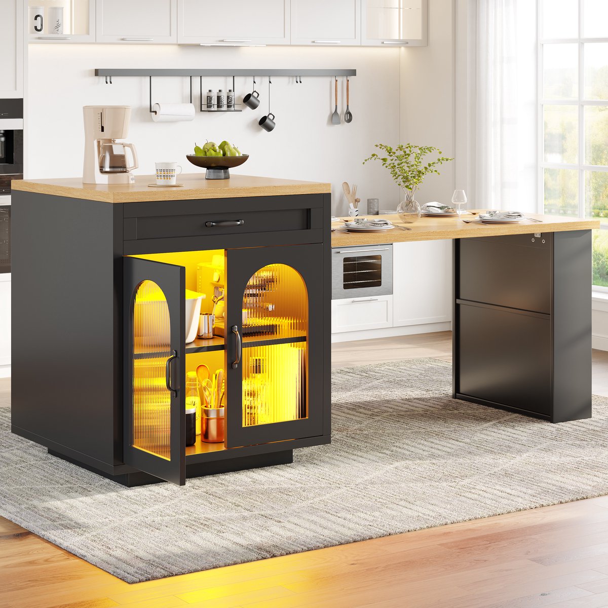 HAUSS SPOLE Keukenkast - Uitschuifbaar Keukeneiland Met Ledverlichting En 2 Laden - Voor Keuken En Eethoek - MDF - 126-196x59x94 Cm - Zwart
