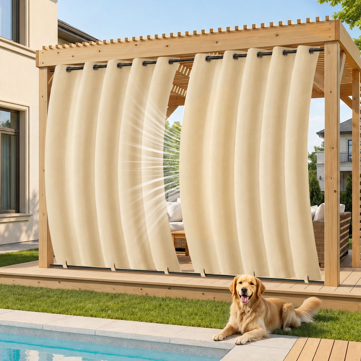 MUPOO Buitengordijnen Waterdicht & Windbestendig met Ringen - Met Onder Bevestiging tegen Wind - Verduisterend & UV Werend - Outdoor Gordijnen voor Overkapping, Balkon & Tuin - 132x213 cm - Beige - 2 stuks (Rideau Extérieur Imperméable)