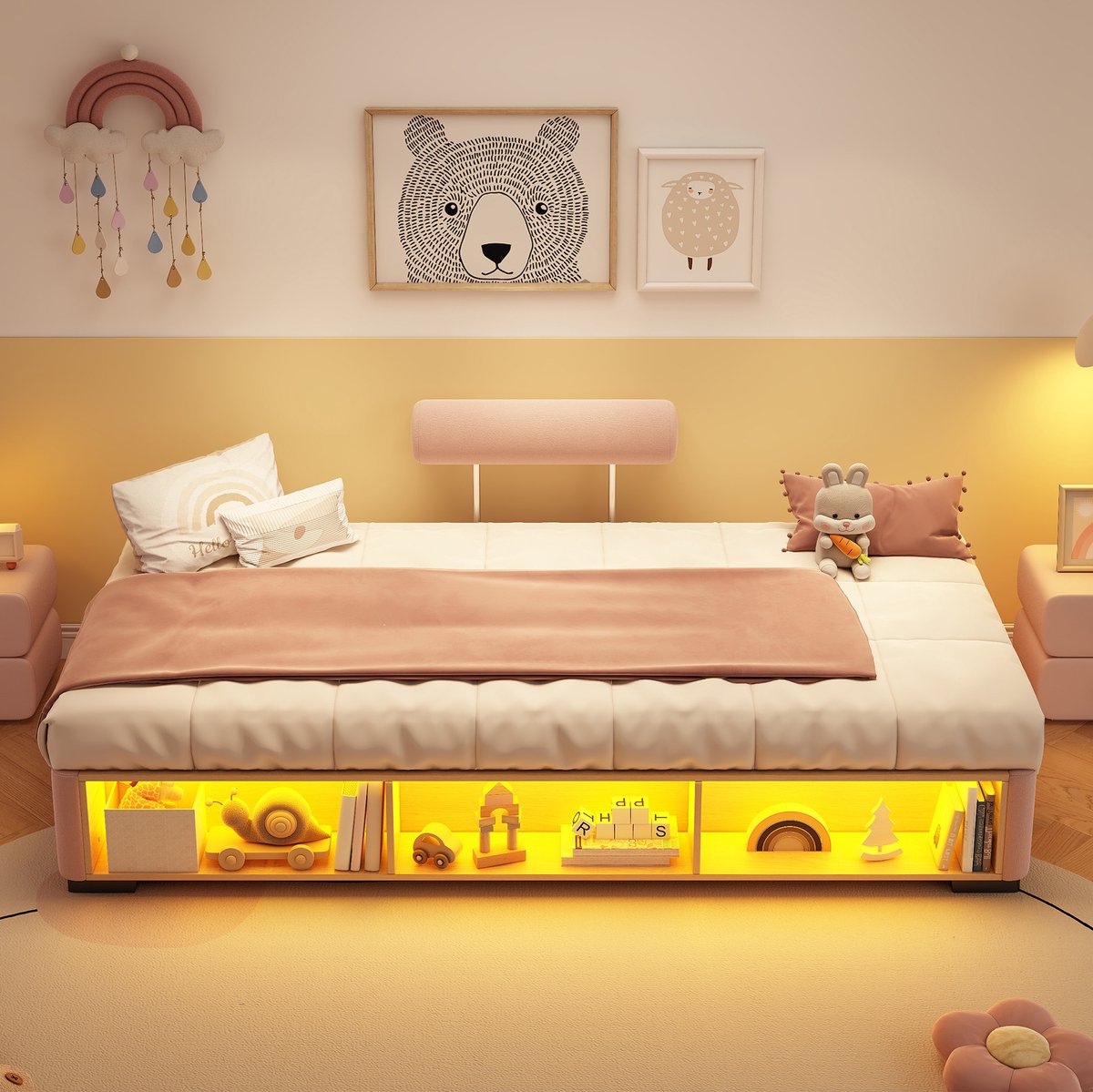 MIVRAY Kinderbed 90x200 cm Zonder Matras - Gestoffeerd Bed Met LED Zijrek En Open Opbergruimte - Laag Jeugdbed Van Stof - Roze