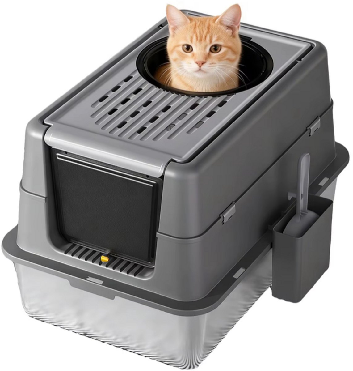 RosaBloom Kattenbak - Katten toilet - Litter box - Poepdoos - Geurbestendig - Dubbele ingang - RVS onderbak - 60x40x44cm - Roestvrij staal en Kunststof - Grijs