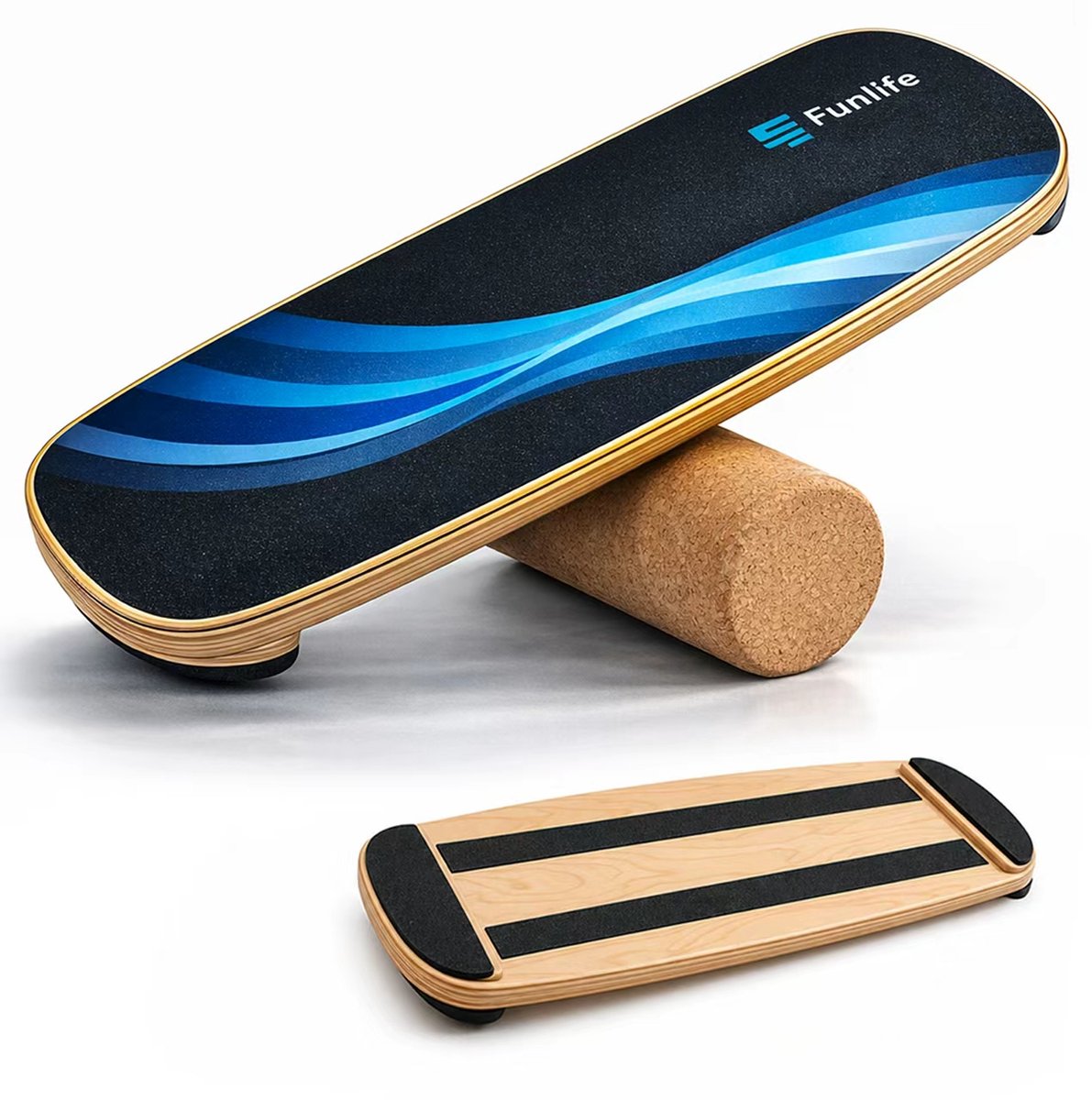 Funlife WAVE Balance Board met Roller - Houten Balansbord van Berkenhout - Antislip Core Trainer tot 150 kg - Inclusief Kurkrol - Blauw/Zwart