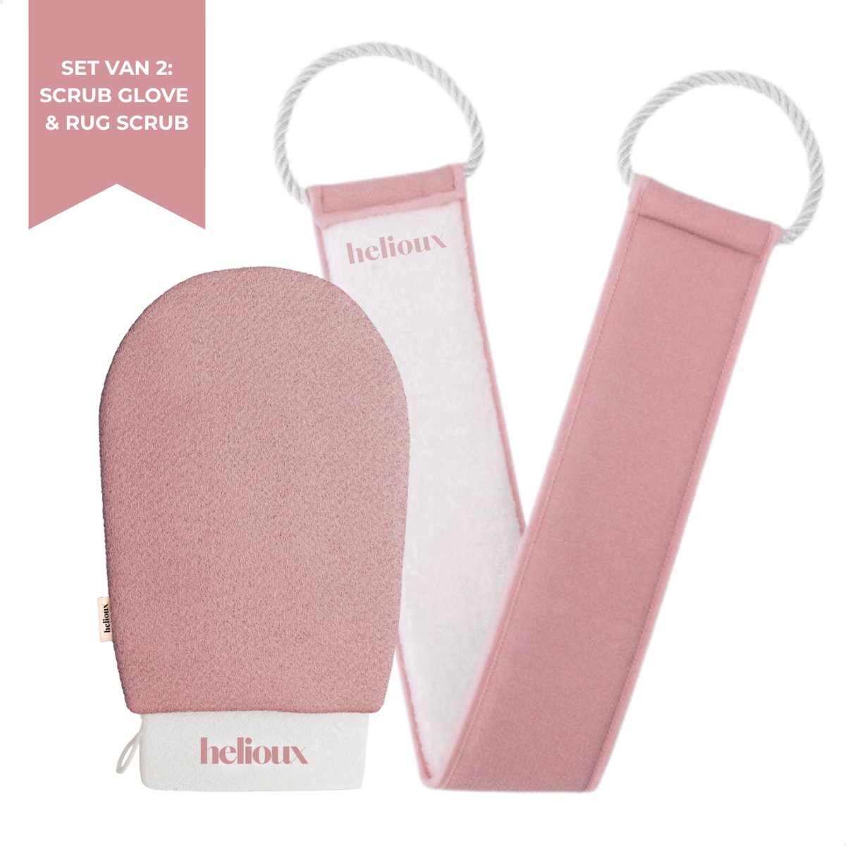 Helioux® Set Scrub Handschoen & Rug Applicator Roze