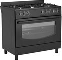 Zwart vrijstaand gasfornuis met 5 kookzones, oven en een werkblad.