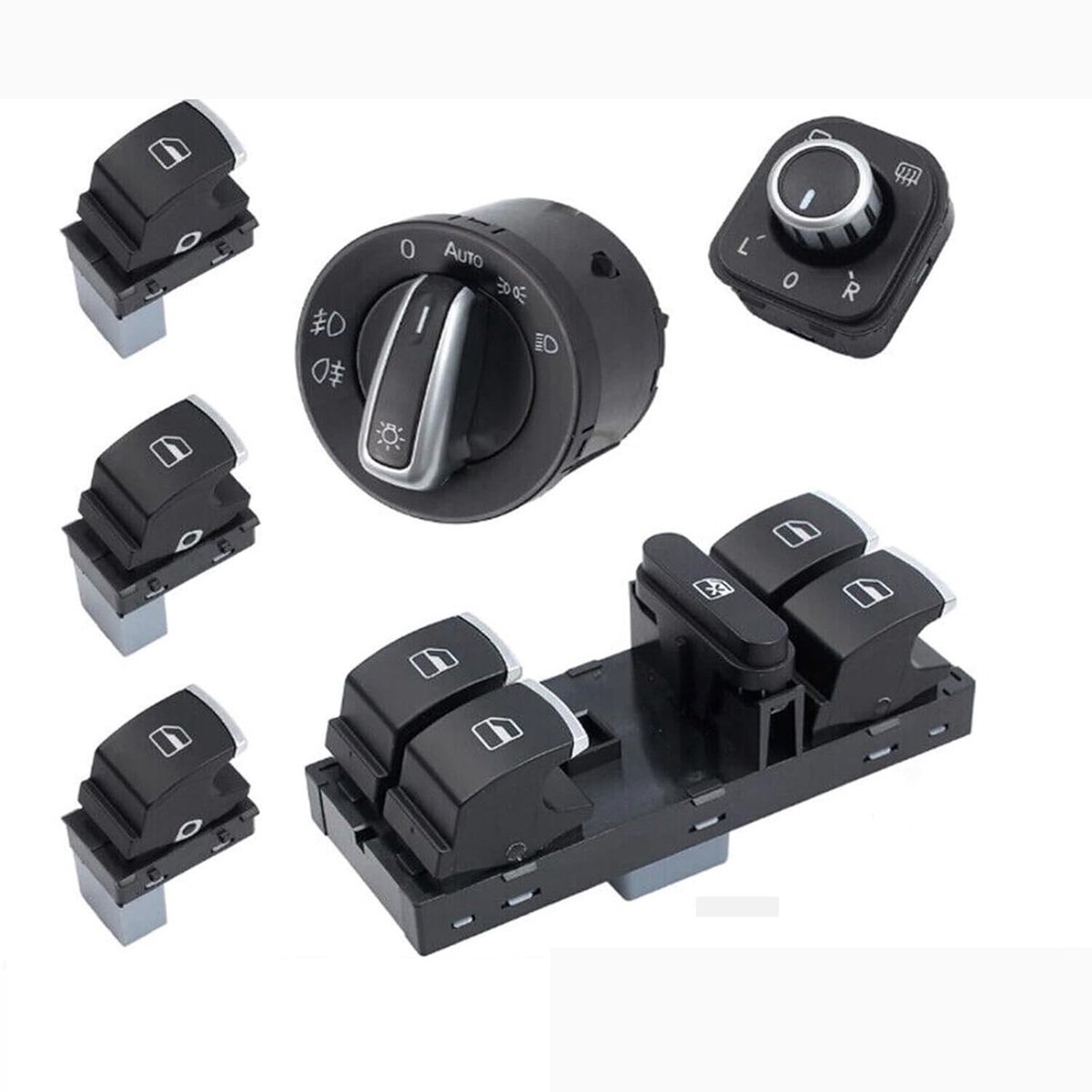 Set van 6 Stuks Raam- en Koplampbediening Schakelaars voor VW Golf 5 6 en Passat 3C - Hoogwaardige Chrome Afwerking, Vervangende Onderdelen, Betrouwbare Functionaliteit