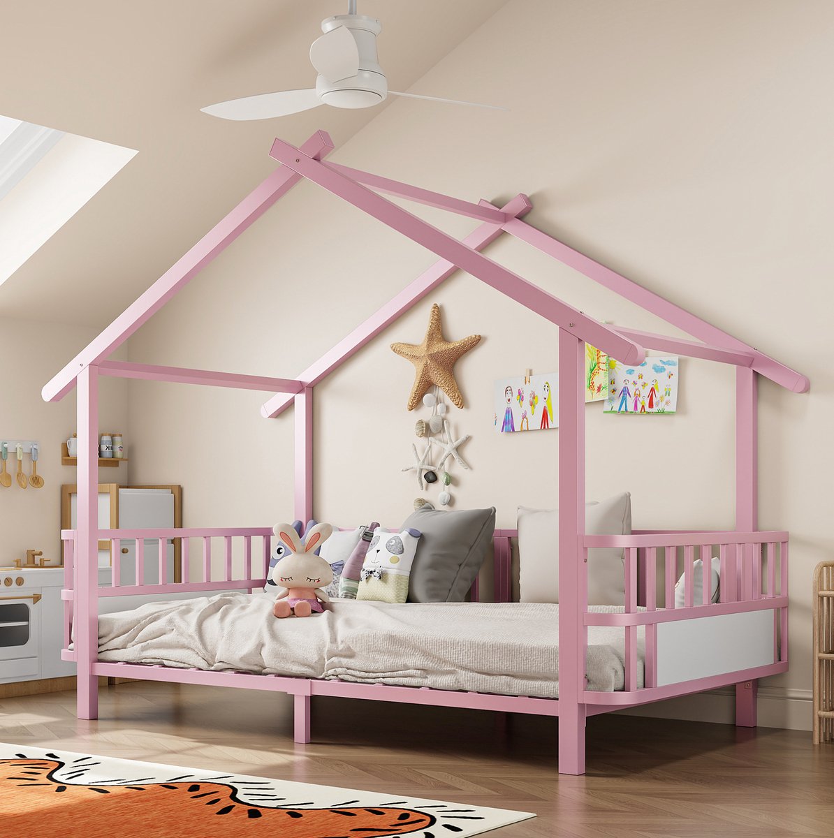 MIVRAY Kinderbed 90x200 cm - Eenpersoonsbed Zonder Matras Met Veiligheidshekken En Huisvormig Dakframe - Metaal - Roze