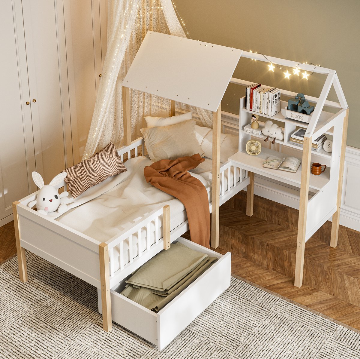 MIVRAY Kinderbed 90x200 Cm - Huisbed Met Uitvalbeveiliging, Bureau En Boekenkast - Met Lades, Zonder Matras - Hout - Wit