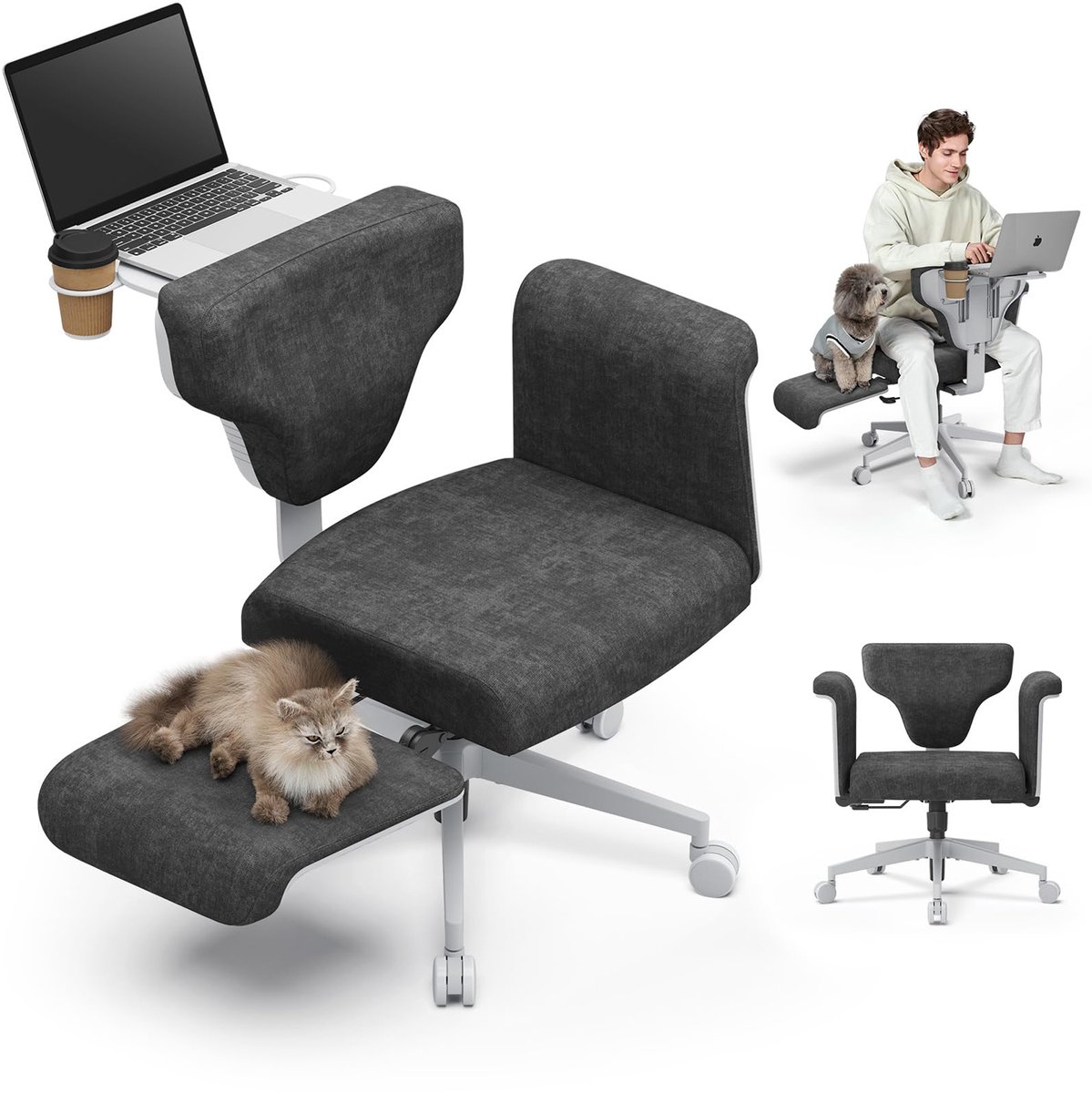 NEWTRAL Ergonomische Bureaustoel met Inklapbaar Bureau & Bekerhouder - 7-voudig Verstelbare Stoel - Verstelbare Armleuning & Rugleuning - voor Werk, Laptop, Huisdieren en Ontspanning