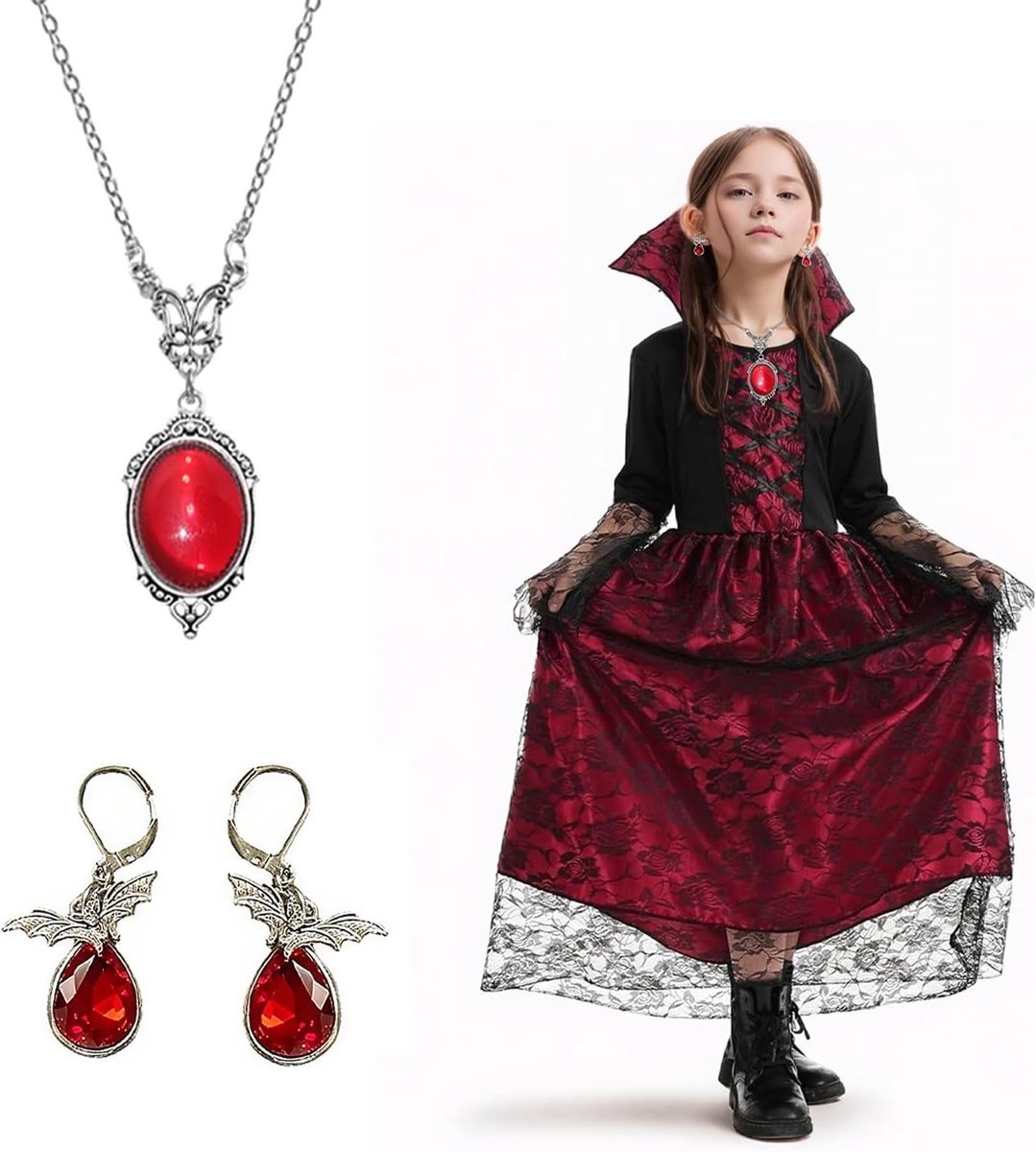 Vampier Kostuum voor Kinderen met Ketting - Gothic Vampier Jurk voor Meisjes, Halloween, Carnavalskleding en Verjaardagsfeestjes