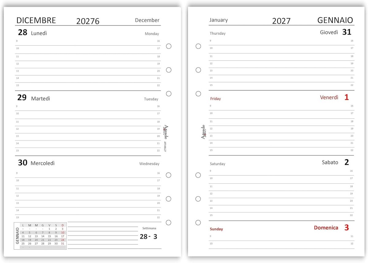 Weekkalender - Papier - Tweetalig Italiaans/Engels - A5 formaat - Voor Professionals