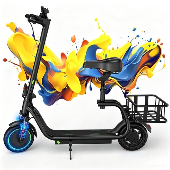 Zwarte elektrische step met zadel, mandje en een abstracte kleurrijke explosie op de achtergrond.