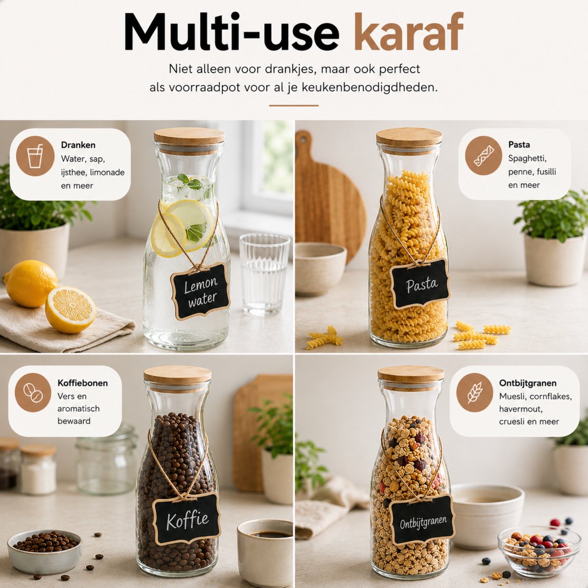 Boncy® Glazen Karaf - Set van 2 - Waterkan met Bamboe Deksel - Waterkaraf 1 Liter - Schenkkan van Glas - karaffen Water Kan Carafe — cadeau in Koken & Dineren - foto 4