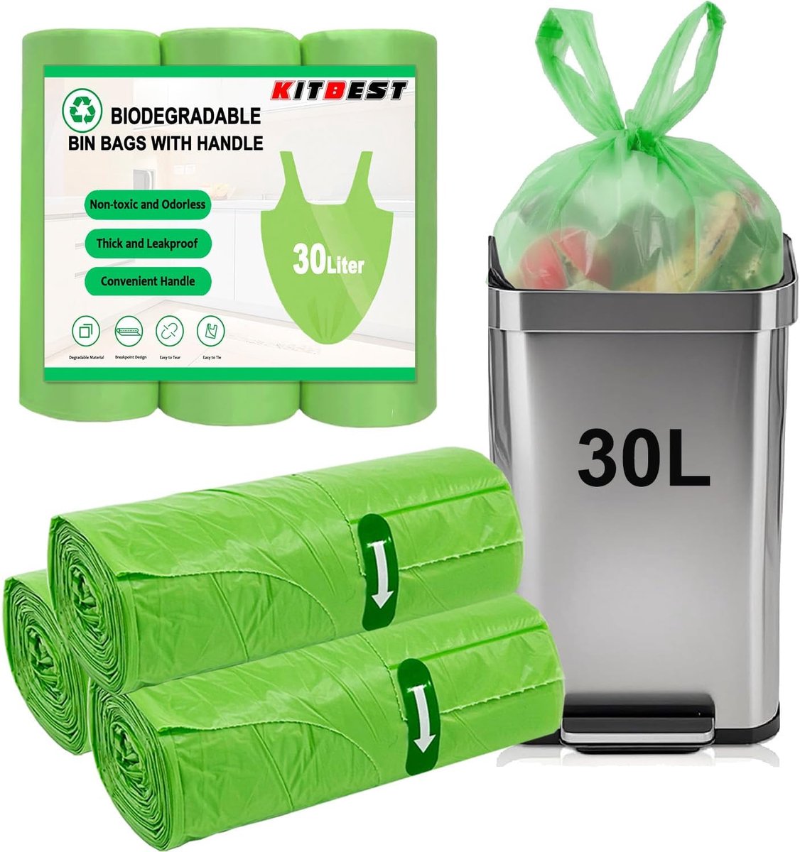 SnelShoppen - 60 Biologisch Afbreekbare Vuilniszakken 30L met Trekkoord Handvat, Sterke Composteerbare Groene Afvalzakken voor Keuken, Badkamer, Kanto