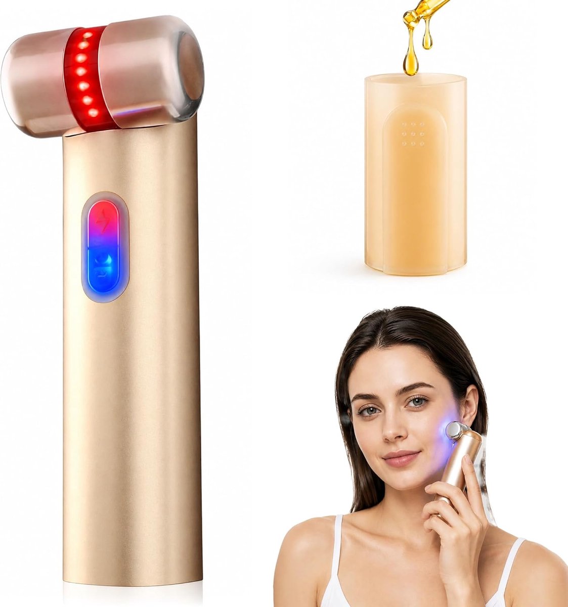 Microstroom gezichtsapparaat met seruminfusie, LED-gezichtsmassage met rood, blauw en paars licht, 3 intensiteiten, oplaadbaar USB-C gezichtsliftapparaat.