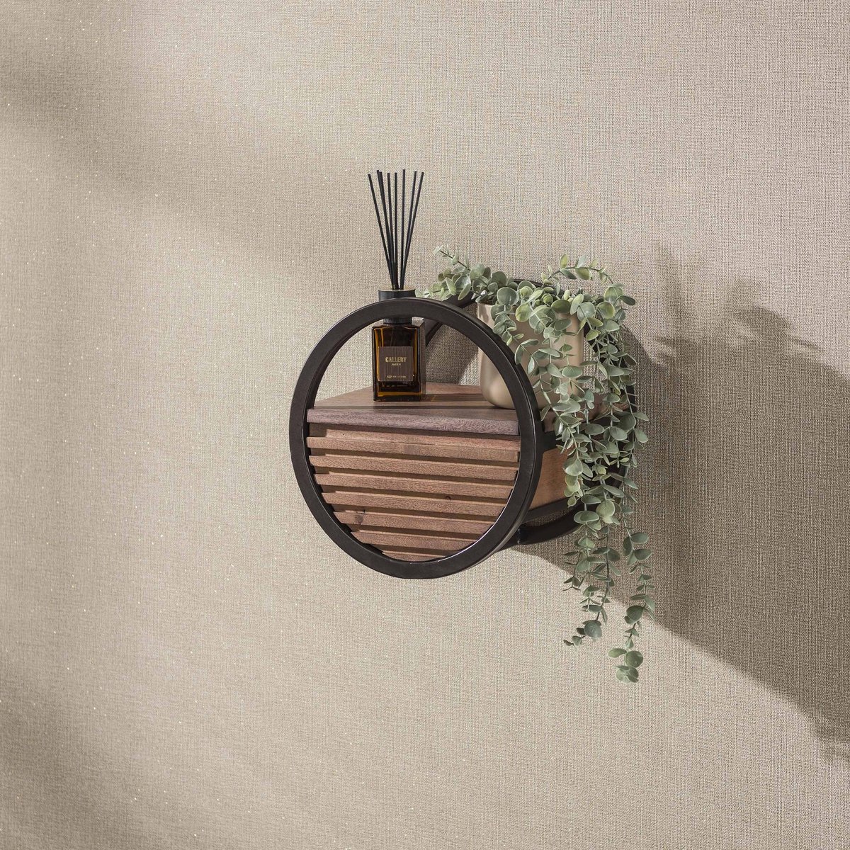 PS-Collection Wandschap Acaciahout Bruin 1 Lade Circular Ø30cm - wandplank, wandrek industrieel, wandrek metaal zwart, wandrek rond, wandrekken, wandplank zwevend, wandplank hout