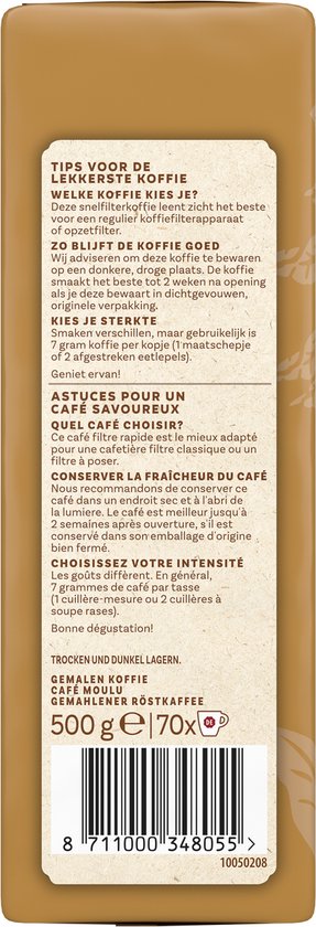 Achterkant van Douwe Egberts Excellent Gold verpakking met tips voor het zetten van koffie, bewaaradvies en opslaginstructies, 500g.