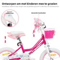 Roze meisjesfiets, met close-up van verstelbaar zadel en handvatten, met tekst over meegroeien.