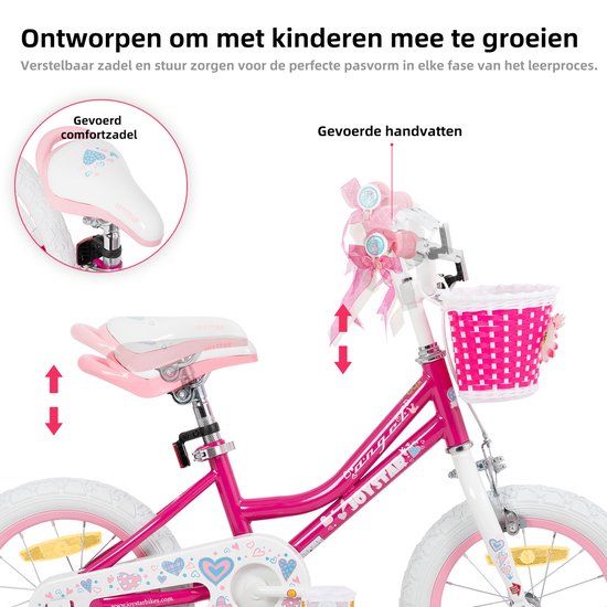 Roze meisjesfiets, met close-up van verstelbaar zadel en handvatten, met tekst over meegroeien.