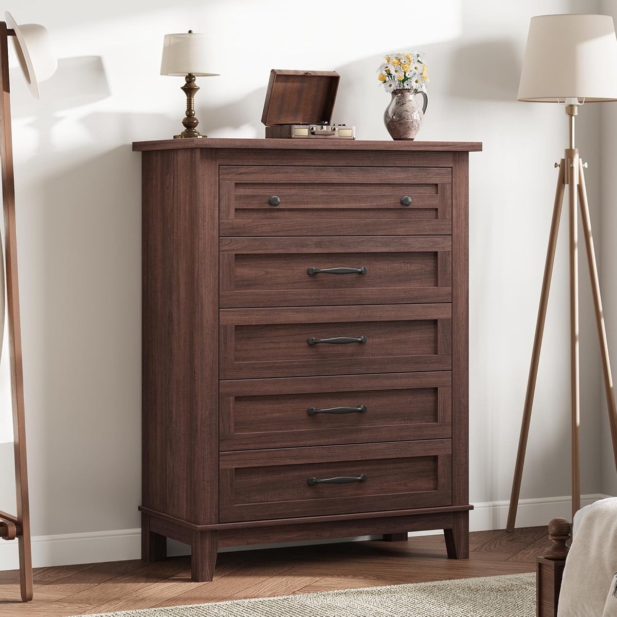 Bruine commode met 5 lades, 105 cm hoog | Vrijstaande houten opbergkast met veel opbergruimte voor slaapkamer en woonkamer, 80 x 40 x 105 cm