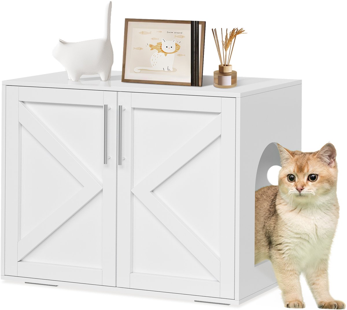 Houten kattenbakmeubel met schuurdeur – modern verborgen kattenhok als bijzettafel, geschikt voor de meeste kattenbakken binnenshuis