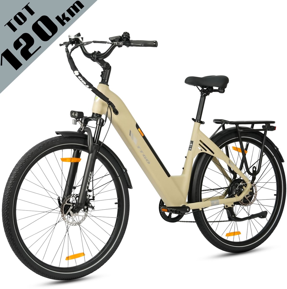 Elektrische Fiets TTGO C3 - 36V 18AH Accu - Actieradius Tot 120 Km - Aluminium Lage Instapframe - 28×2.0 Inch Wielen - Shimano 7 Versnellingen - Mechanische Schijfremmen - LCD Display - Elektrische Stadsfiets - Geel