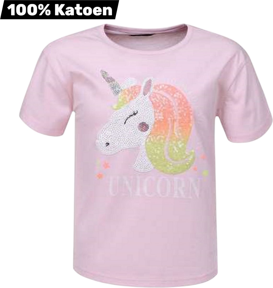 T-shirt 100% katoen lichtroze unicorn glitter lovers 164