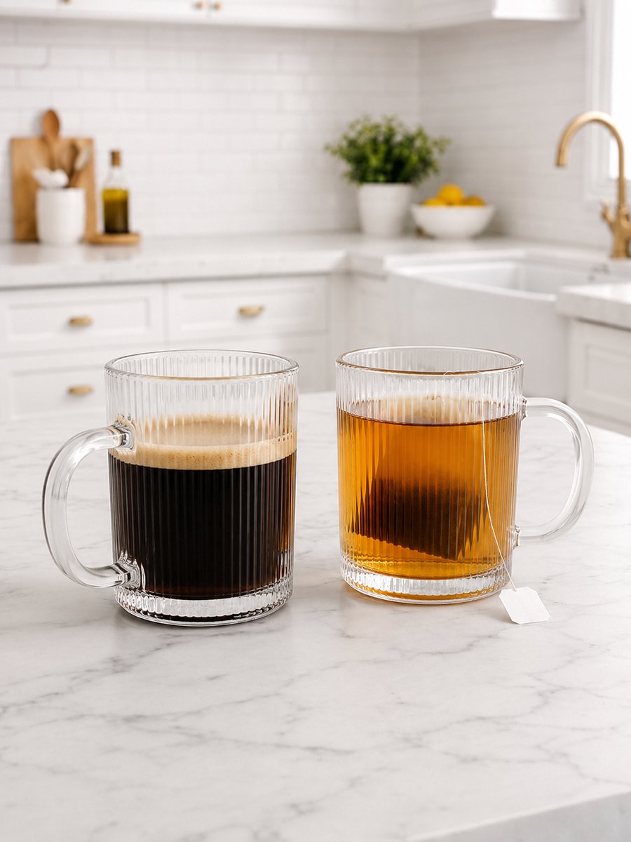 Mevaz Glazen Mokken Set van 12 – 350 ml – Geribbeld Glas met Oor – Transparante Koffie- en Theeglazen – Voor Latte, Cappuccino, Espresso & Warme Dranken