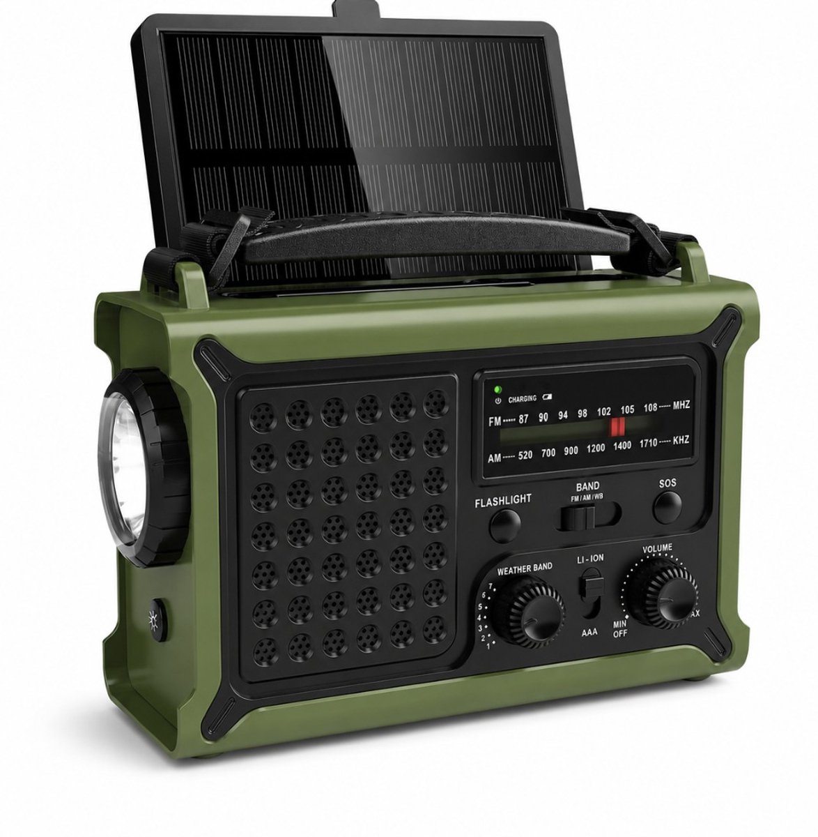 BSS® Opwindbare Radio AM/FM met Solar Opladen, Zwengelradio, 12000 mAh Powerbank, IPX6 Waterbestendig, USB/Type-C Oplader, Draagbare Noodradio voor Kamperen, Outdoor en Stroomuitval
